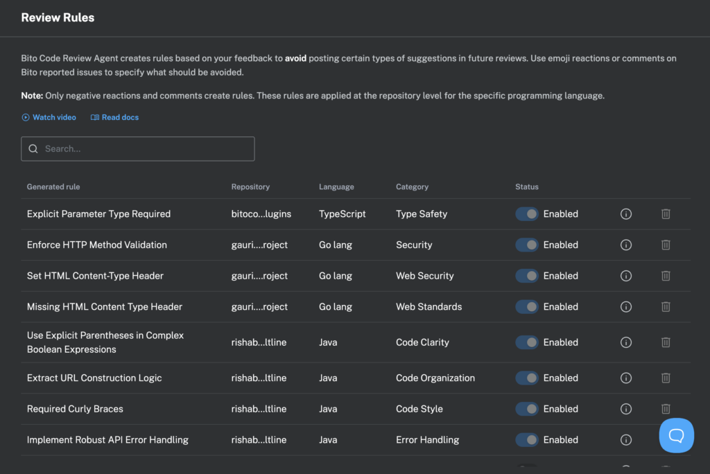 Custom code review rules - Bito